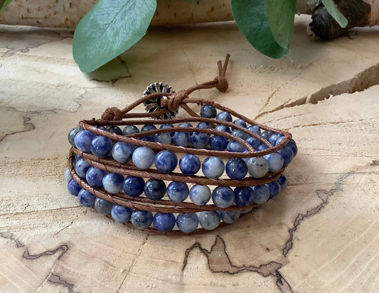 Bracelet, sodalite wrap beaded leather vegan bracelet