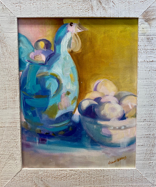 “Chicken = EGGS” framed oil painting by Gail Williams