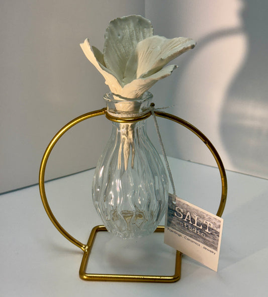 Ceramic Flower in Glass Vase with Gold Stand by Gail Williams