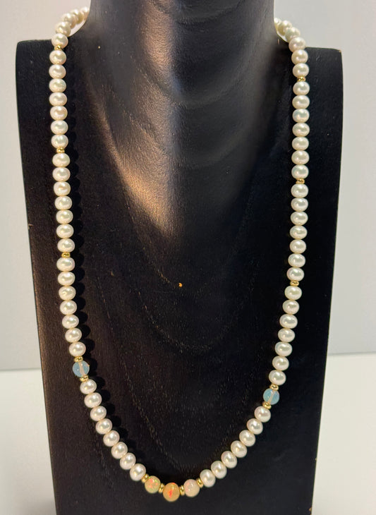 Freshwater Pearl Necklace with 5 Opal Beads