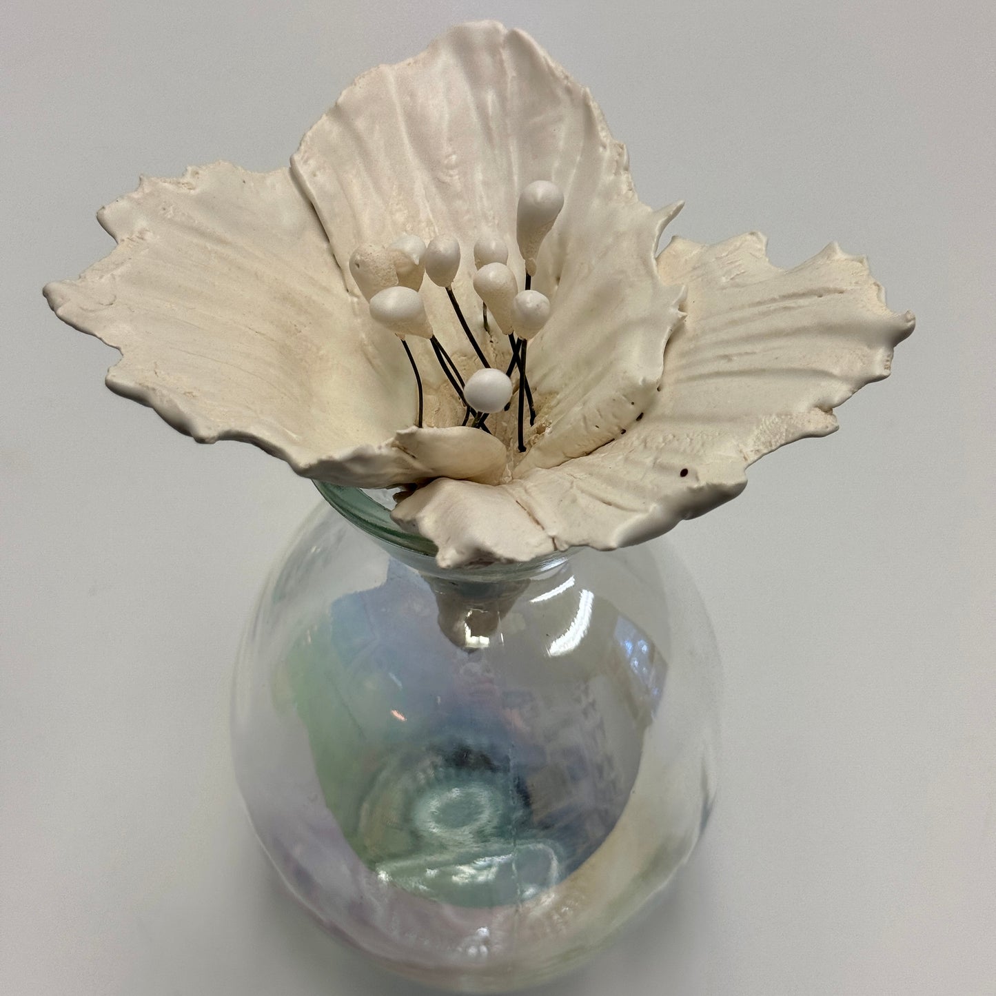 Ceramic Flowers on Iridescent Vases by Gail Williams